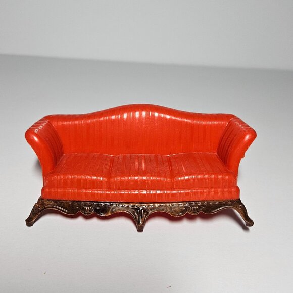 Vintage Renwal Plastic Dollhouse Davenport Couch Sofa Red w/Wood Detailing - Picture 1 of 9